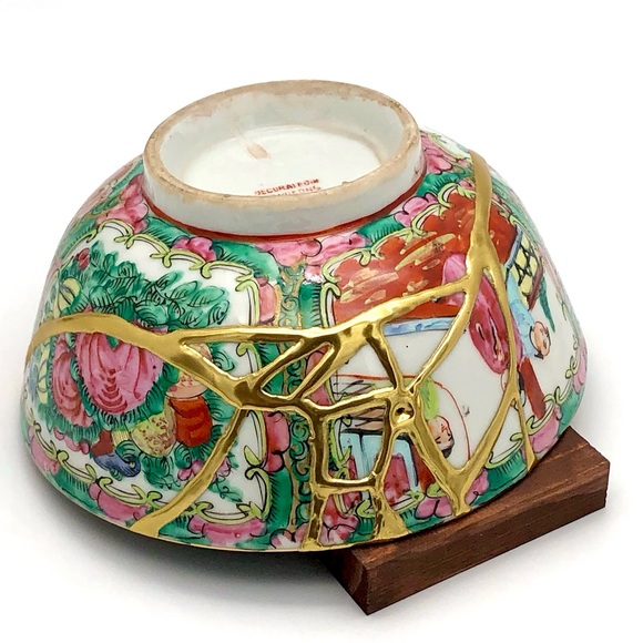 Chinese Famille Rose Bowl Pink Floral Kintsugi Gold Crack Personal Growth Gift - Picture 9 of 11